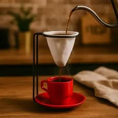 Suporte para Mini Coador de Café com Xícara e Pires – Preto com Vermelho