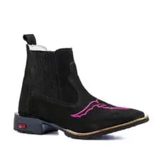 Botina Texana Couro Legítimo Preto Bordado Lobo Rosa Confort Solado Borracha Costurado Bico Quadrado