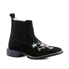 Botina Texana Couro Legítimo Preto Bordado Flor Rosa Confort Solado Borracha Costurado Bico Quadrado