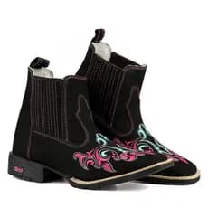 Botina Texana Couro Legítimo Preto Bordado Étnico Rosa Azul Solado Borracha Costurado Bico Quadrado