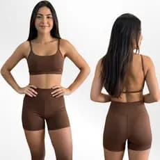 Conjunto de academia feminino Short e Top Costas Nua Academia Fitness de Poliamida Cintura Alta