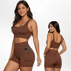 Conjunto De academia feminino Poliamida Fitness Compressão Top Duplo e Shorts Com bolso Cintura Alta Academia