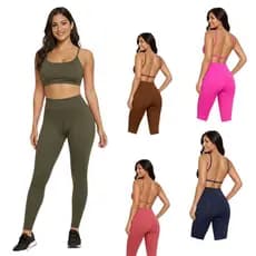 Conjunto Poliamida  Fitness Calça Legging Cintura Alta e Top Costa Nua Duplo
