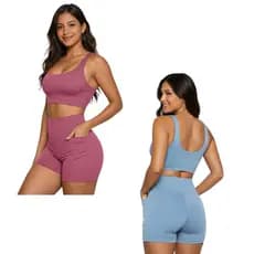 Kit 2 Conjunto Academia Compressão Poliamida UV Top Duplo e Shorts Com bolso Cintura Alta
