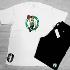Kit verão praia camiseta algodão + bermuda estampa celtics + PLUS SIZE relogio digital