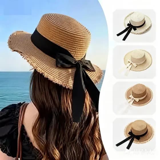 Chapéu de Palha Feminino com Laço Elegante Delicado e Perfeito para Looks de Verão B03