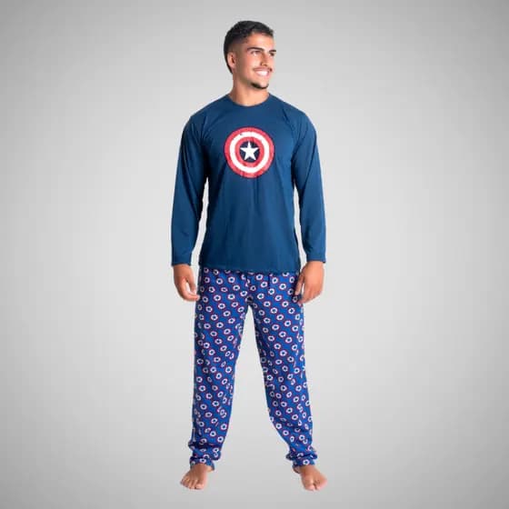 Pijama Longo Masculino Linha Noite Roupa De Dormir Manga Longa Calça Estampado Super Heróis Confortável Adulto 326