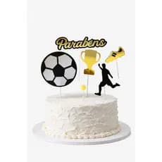 Topo de Bolo Futebol Parabéns – Kit com Bola, Troféu, Jogador e Chuteira – Decoração Festa Futebol