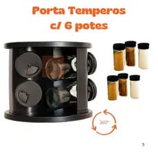Porta Temperos Giratório com Rotação 360° Preto 6 Potes Condimentos Ideal Para Cozinha Alimentos