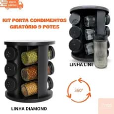 Porta Temperos 9 Potes Vidro Giratório 360° Preto Line/Diamond Organizador de Condimentos Cozinha