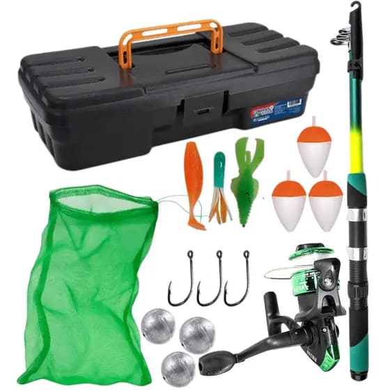 Kit de Pesca Completo Com Maleta Vara de Pesca Molinete com Linha Saco de Pesca Isca Anzol Chumbada e Boia
