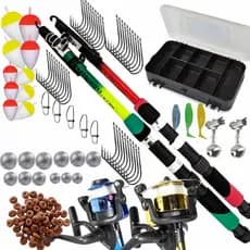 KIT PESCA PESQUEIRO COMPLETO 2 VARAS 2 MOLINETES ESTOJO COM ANZOL BOIA CHUMBADA ISCA MOLA E SINO