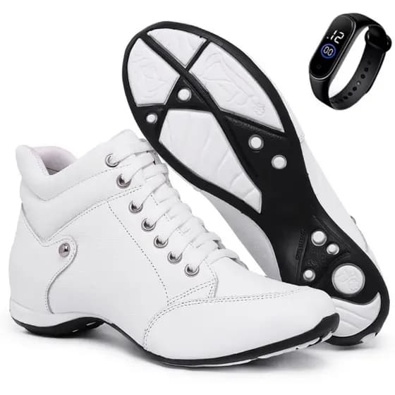 Tênis Feminino Couro + Relógio Botinha Confortável | Ideal para Academia, Caminhadas e Treino