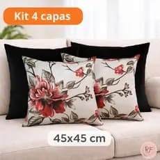 Kit 4 Capas de Almofada 45x45 Floral e Preto Decorativas Com Zíper Gorgurinho e Oxford Sala Sofá Luxo Decoração Quarto