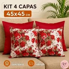 Kit 4 Capas de Almofada 45x45 2 Floral Rosas Vermelhas Fundo Branco + 2 Vermelhas Lisas Decorativa Com Zíper