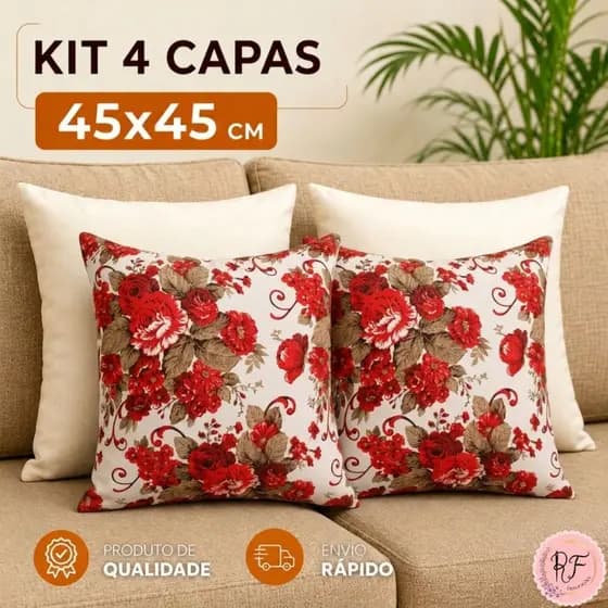 Kit 4 Capas de Almofada 45x45 Floral Rosas Vermelhas Pequenas + Off- White Lisas Com Zíper Decorativa Sala Sofá