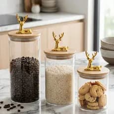 Potes de Vidro com Tampa Bambu Cervo Dourado Kit 3 Peças Porta Mantimentos Café Biscoito Luxo