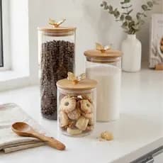 Potes de Vidro com Tampa Bambu Borboleta Dourada Kit 3 Porta Mantimentos Café Biscoito Luxo