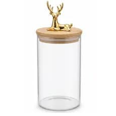 Pote de Vidro Hermético 650ml Tampa Bambu com Alce Dourado Organizador Mantimentos Cozinha Decorativo