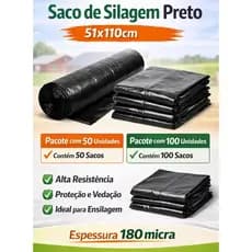 Saco de Silagem Preto 180 micra, 51x110 Super Resistente Pacote 50 e 100 Unidades