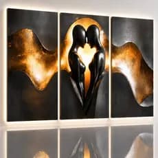 Quadros Decorativo Namorados Amor Paixão Prata Com Dourado 3 Peças Para Sala Quarto Moderno