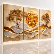 Quadro Decorativos 3 Peças Abstrato Geométrico Árvores Lua Dourado Moderno para Sala Escritório