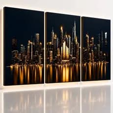 Quadro Decorativo Paisagem Cidade Noite Dubai Moderno Luxo Para Sala Quarto Sala 3 Peças