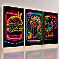 Quadro Decorativo 122x60 Doces Hambúrguer Café Punk Neon Cafeteria Lanchonete