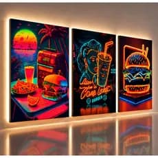 Quadro Decorativo Comida Hamburguer Punk Neon Bebida Cozinha Lanchonete