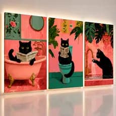 Quadro Decorativo Animal Gato Preto Vintage Rosa Abstrato Toalete Sala