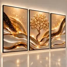 Quadro Decorativos Abstrato Geométrico 3 Peças Árvore Folhas de Ouro Luxuoso Para Sala Escritório