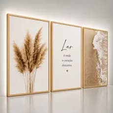 Quadro Decorativo Trio Lar É Onde o Coração Descansa Boho Pampas Praia Sala Quarto Luxo