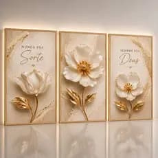 Quadro Floral 3 Peças Nunca Foi Sorte Sempre Foi Deus Flores Bege Sala Luxo