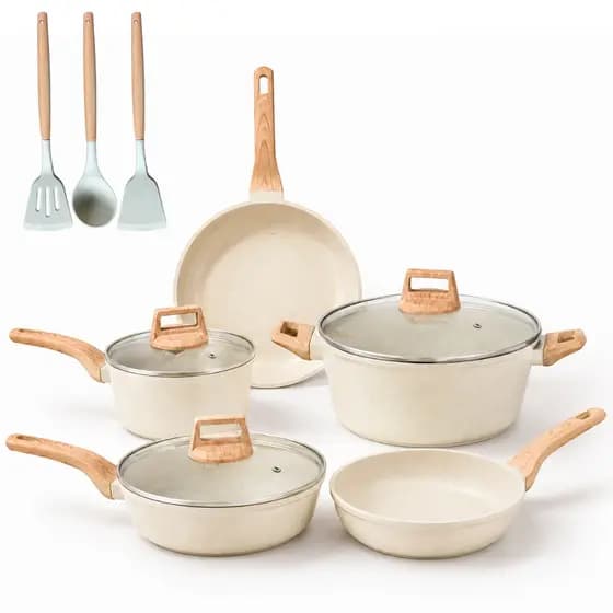 Kit Panelas de Cerâmica Antiaderente 5 Panelas 3 Tampas Vidro 2 Utensílios Indução Fundo Triplo