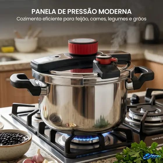 Panela Pressão 5L Aço Inox Compatível Indução Gás Elétrico Trava Giratória Feijão Carne Casa Família