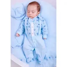Saída Maternidade Menino Azul Bebê 04 peças Miguel Suspensorio Roupa de Bebê Menino