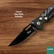 Canivete Automático Com Trava Militar Saque Rápido Aço Inox Preto 16cm Pesca Camping Trilha