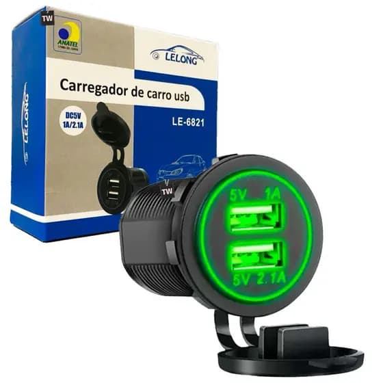 Carregador Tomada Veicular 12/24V USB Duplo Para Carro Moto Caminhão Lancha Barco