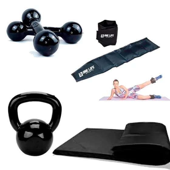Kit Aeróbico Em Casa Caneleira 2Kg + Colchonete + Halter 3Kg + Kettlebell emborrachado 4Kg | Treino