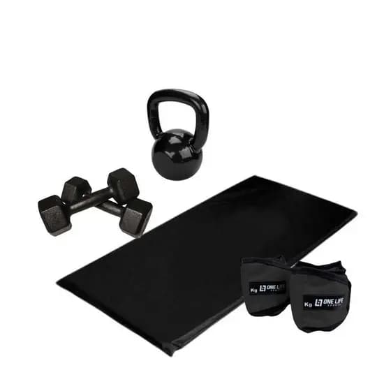 Kit Treino Casa – One Life Sports® – Caneleira 5kg Par + Halter 5kg Par + Kettlebell | Exercícios