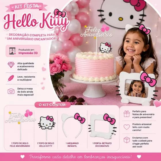 Kit festa Helo Kity decoração aniversario menina topo de bolo tiara de cabelo infantil porta retrato
