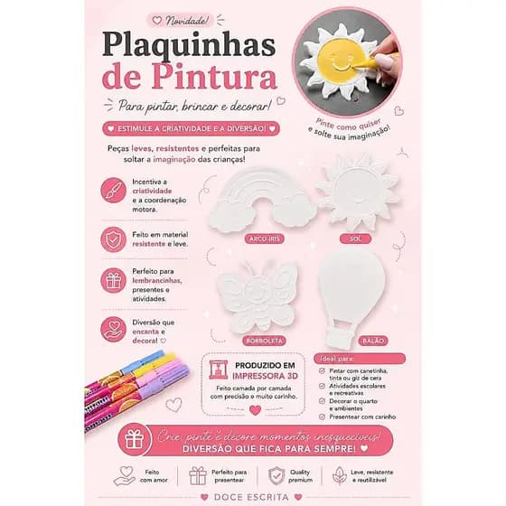 Plaquinha de pintura lavável kit 04 placas para pintar infantil impressão 3D