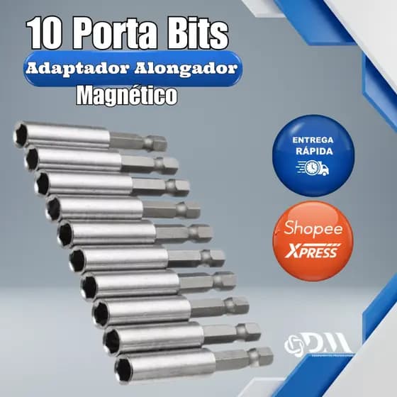 Kit 10 Peças Adaptador Alongador Porta Bits Magnético 60mm X 1/4 Aço CRV Haste Hexagonal Fixação