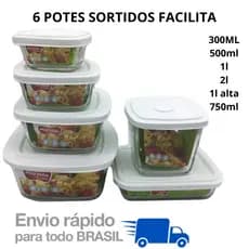 Jogo Potes Vidro Marinex Facilita Com Tampa Plástica Branco