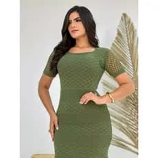 Vestido Feminino Midi de Malha Trico Escama com Barra Renda Imagine Tricot