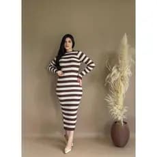Vestido Listrado Feminino de Tricot Modal Premium com Fenda Lateral Moda Inverno