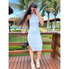 Vestido Tubinho Longo Gola Alta Tricot Modal Fenda Lateral Reveillon Tricô