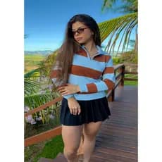 Blusa Tricô Feminina Listrada Gola Polo Manga Longa Modal Inverno