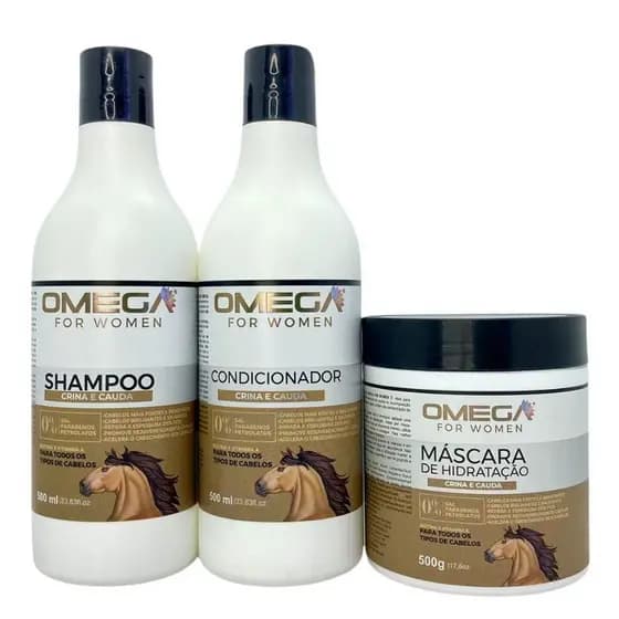 Kit Fortalecedor Crina e Cauda Shampoo + Condicionador + Máscara 500ml Omega Hair