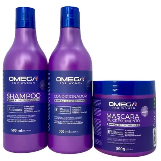Kit de Tratamento Capilar Bomba de Vitaminas Shampoo Condicionador e Mascara 500g Omega Hair